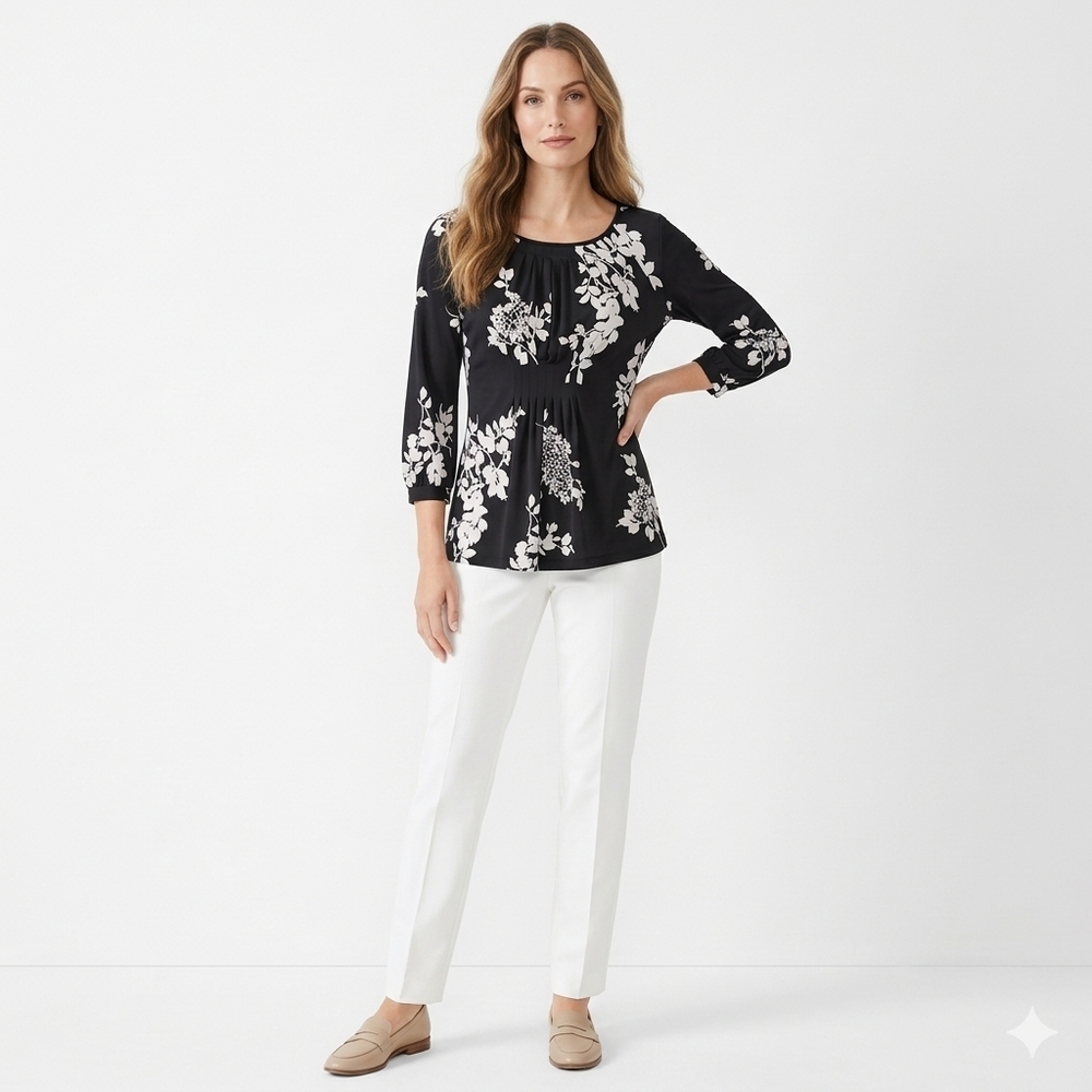 Talbots Floral Pleated Peplum Blouse Black White S - Picture 6 of 10